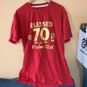 Bright Red 'Blessed @70' daughter in law Graphic Tee with Gold Foil Print